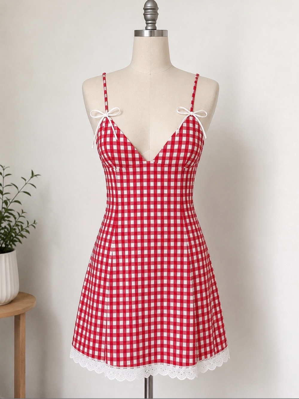 Red & White Gingham Mini Sundress with Lace Trim - New with tags
